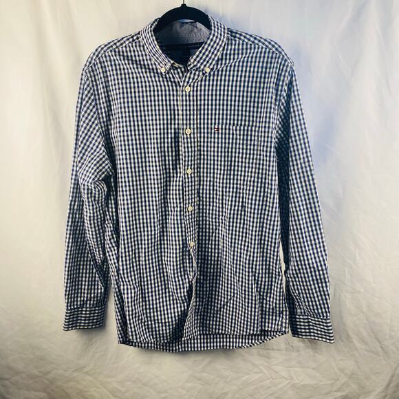 Tommy Hilfiger Navy White Gingham Check Button Down Shirt Medium Classic Fit - Picture 3 of 10